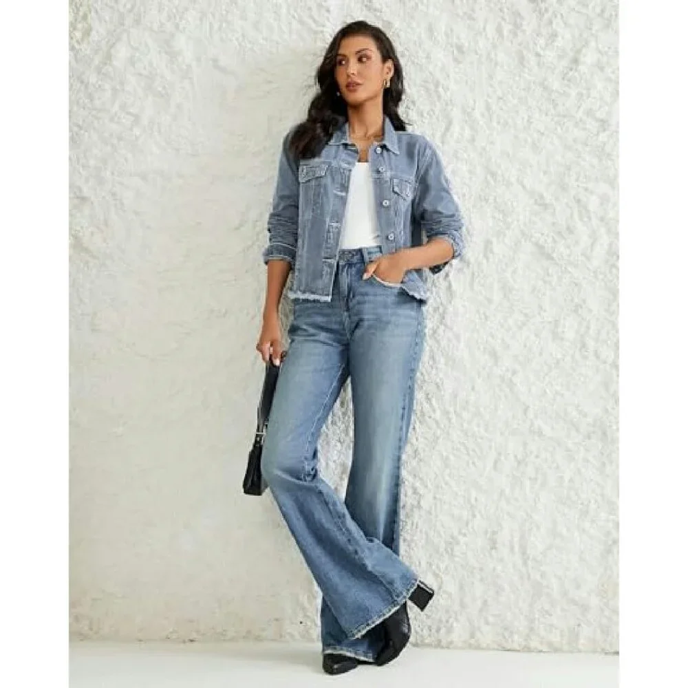 Distressed Denim Jacket Women's Long Sleeve Frayed Hem Trucker